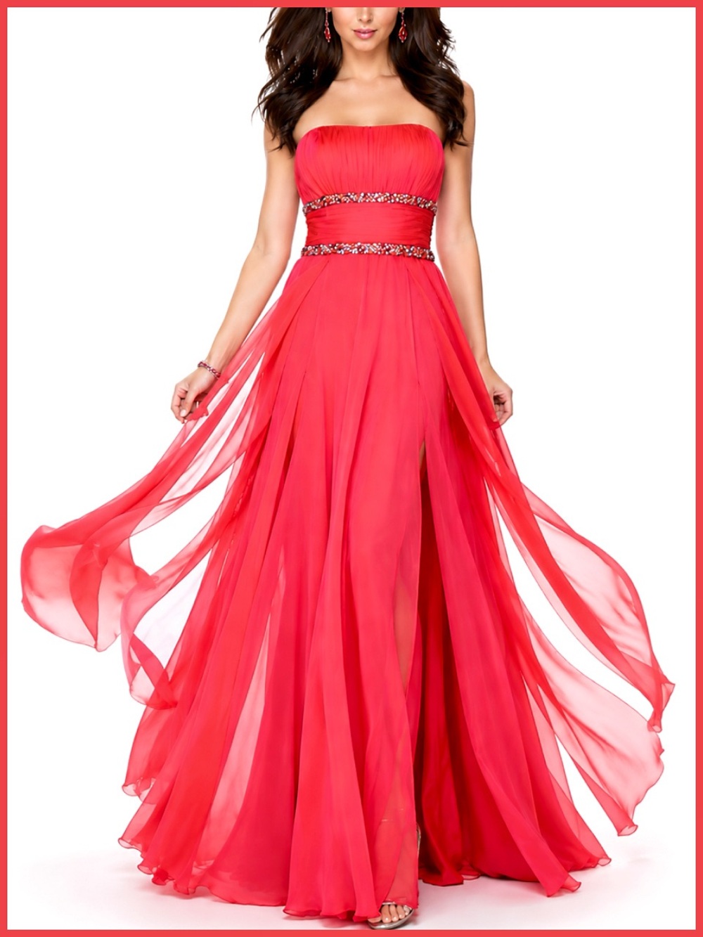 La Femme Coral Pink Strapless Gemstone Embellished Gown Dress